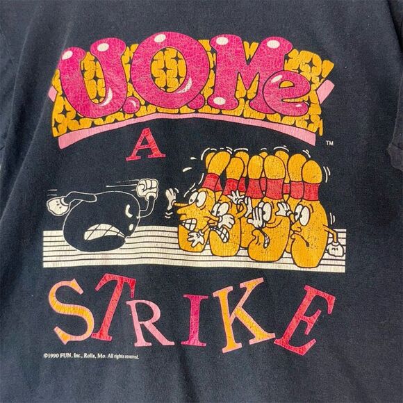 Vintage 90s Unisex Oneita U.O.Me A Strike Bowling Graphic T-Shirt Size M USA - Picture 2 of 8